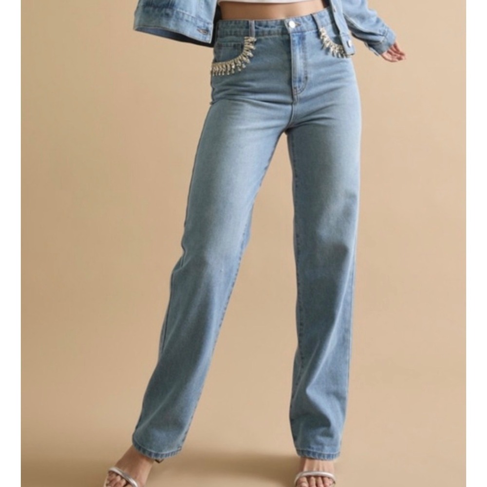 TGLA Womens High Rise Straight Leg Rhinestone Fringe Jeans Light Wash Size 27